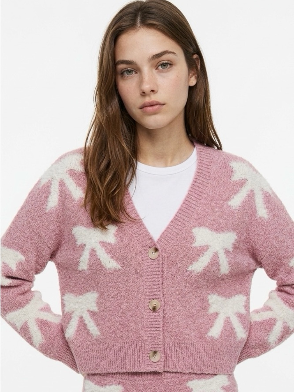Ultra Flirt Pink Bow-Pattern V-Neck Button Cardigan